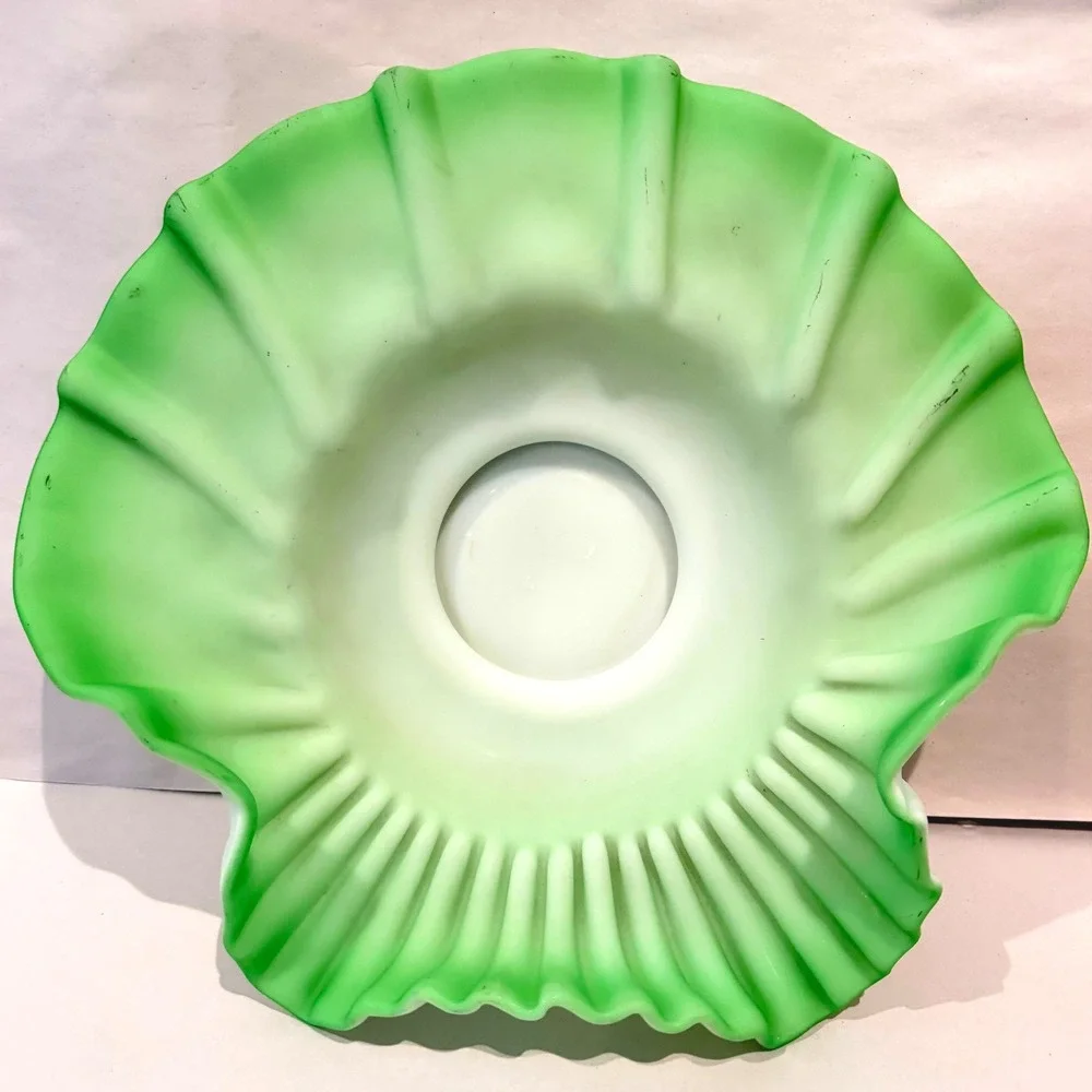 Fenton Green Satin Cased Over White Ruffled Shell Large Bowl Centerpiece 40s-50s